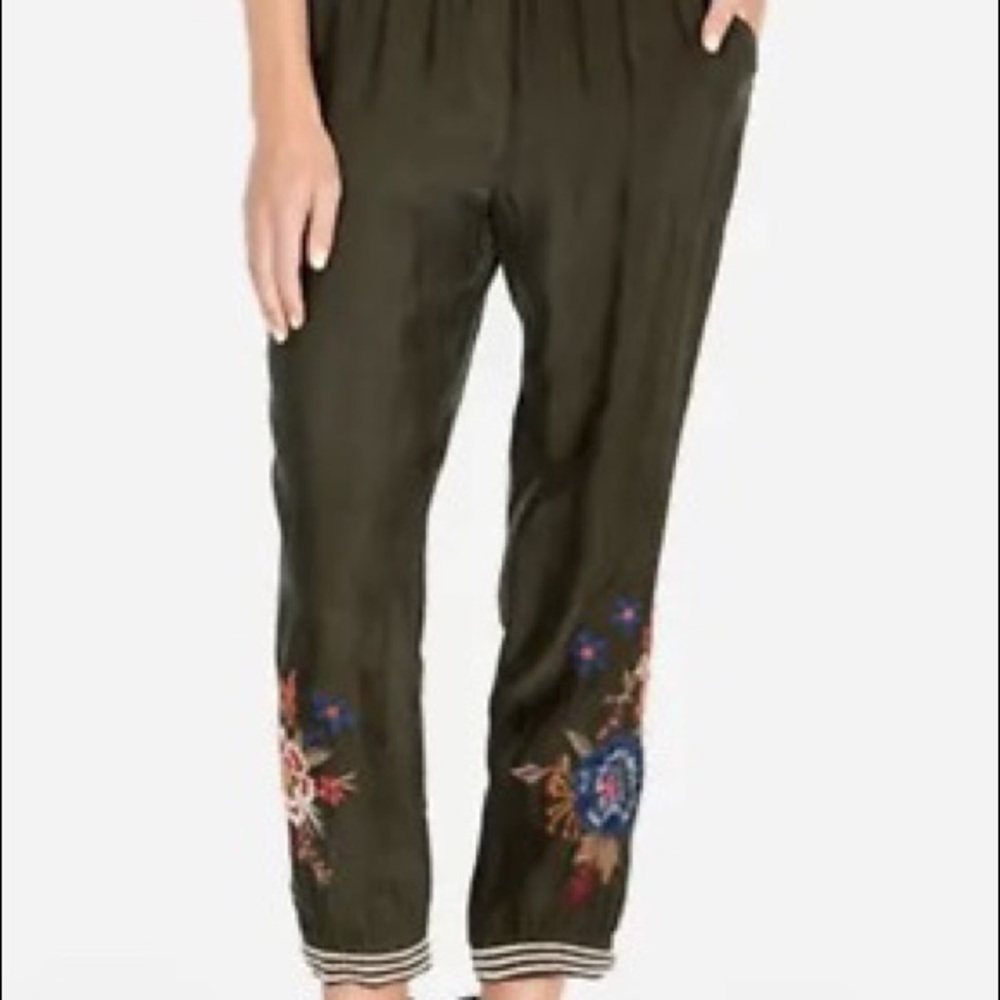 Johnny Was Olive Green Embroidered Cropped Pants with Multicolor Floral Detail